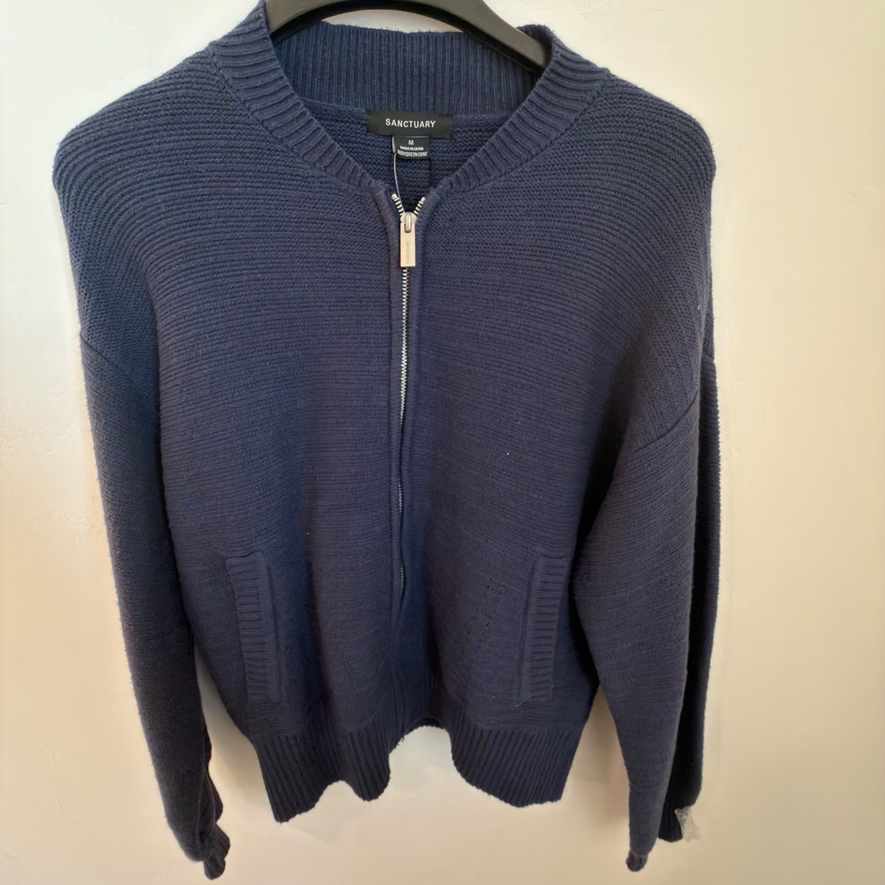 Sanctuary Mens Navy Blue Full Zip Cotton Knit Bomber Cardigan Sweater Medium NEW